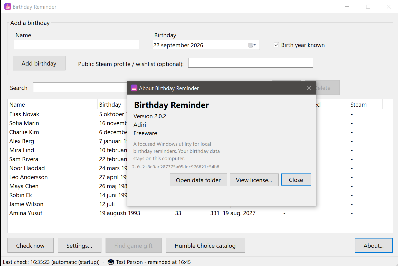 Om-rutan som visar Birthday Reminder version 2.0.2 från Dantellian, märkt som freeware.